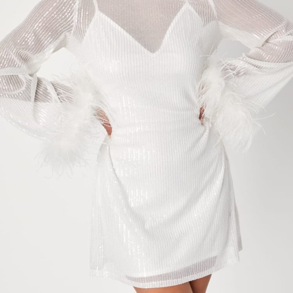 lulus white dress sequin, mesh dress with long sleeves and feathered cuffs